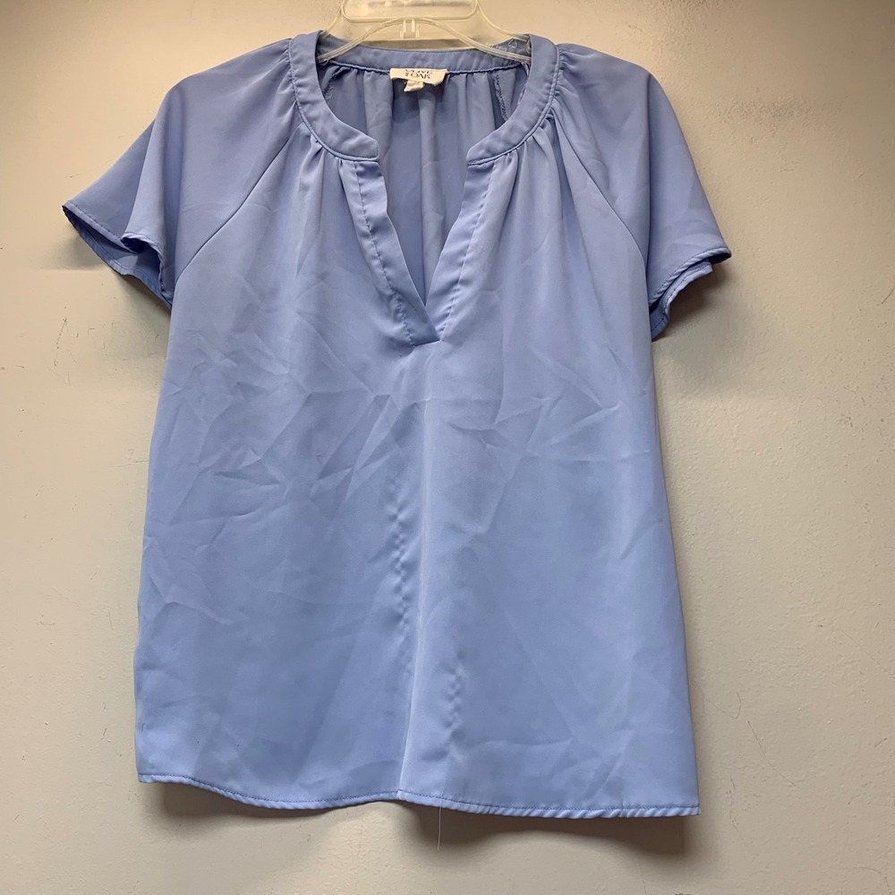 Olive & Oak Blouse Women Large Blue Excellent V-Neck Pleated Short Sleeve 3W12